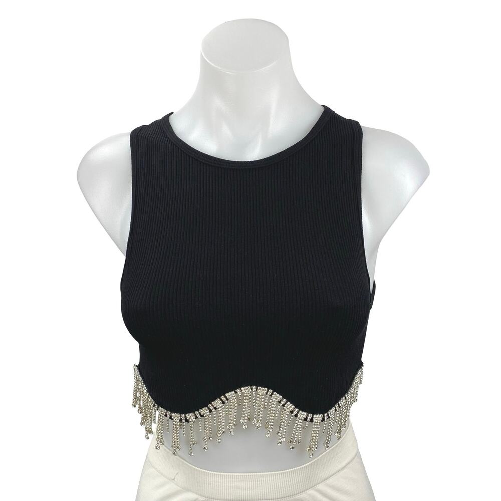 Zara Black Rhinestone Fringe Ribbed Knit Sculpt Sleeveless Tank Crop Top Size XS